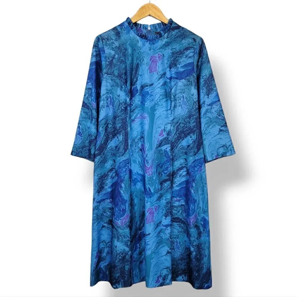 Vintage 50s 60s Mynette Marbled A-line Knee Length Dress with Tie Belt Size 18 - Picture 7 of 13